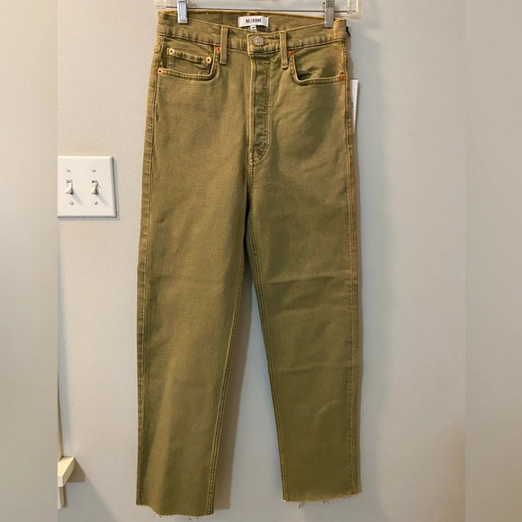 Re/Done NWT 70’s ultra high rise stove pipe raw hem size 26 crop green sage - Picture 2 of 9